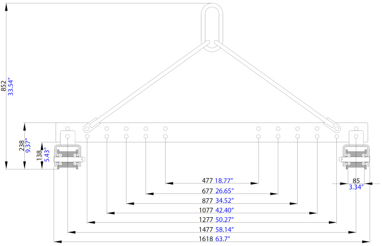 PALONNIER DSB REGLABLE 2.5 To larg.1618 mm AVEC ROULEAUX + CROCHETS
