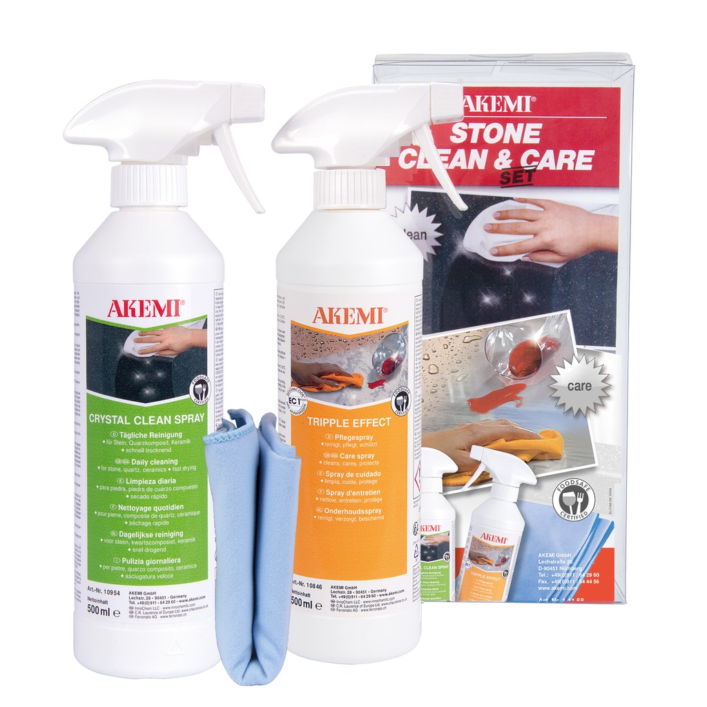AKEMI - SET ENTRETIEN PIERRE NATURELLE quotidien + hebdomadaire (Crystal Clean spray - Triple Effet - chiffonnette) - 11168